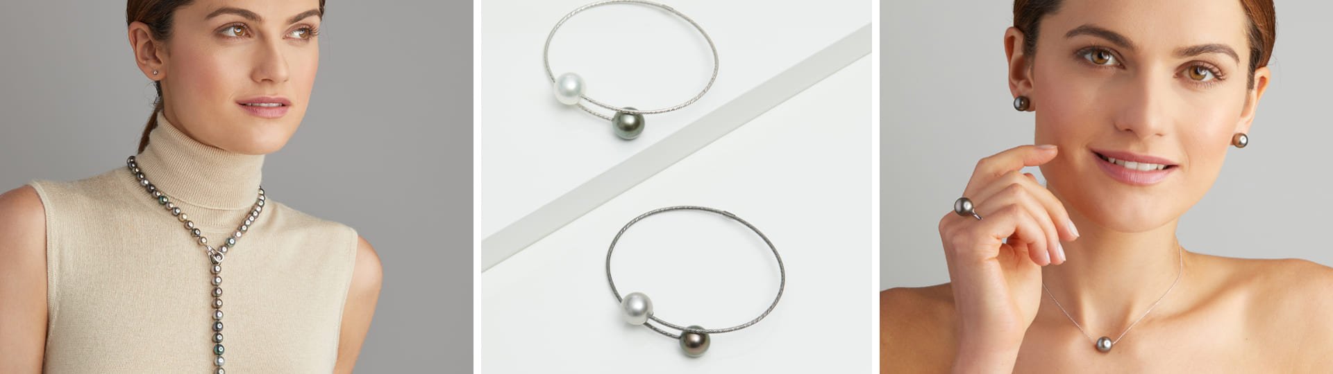 Yana Nesper Schmuck: Tahitiperlen als Statement-Kette, silberne Armreifen mit Perlen und Modell mit passendem Perlenset.