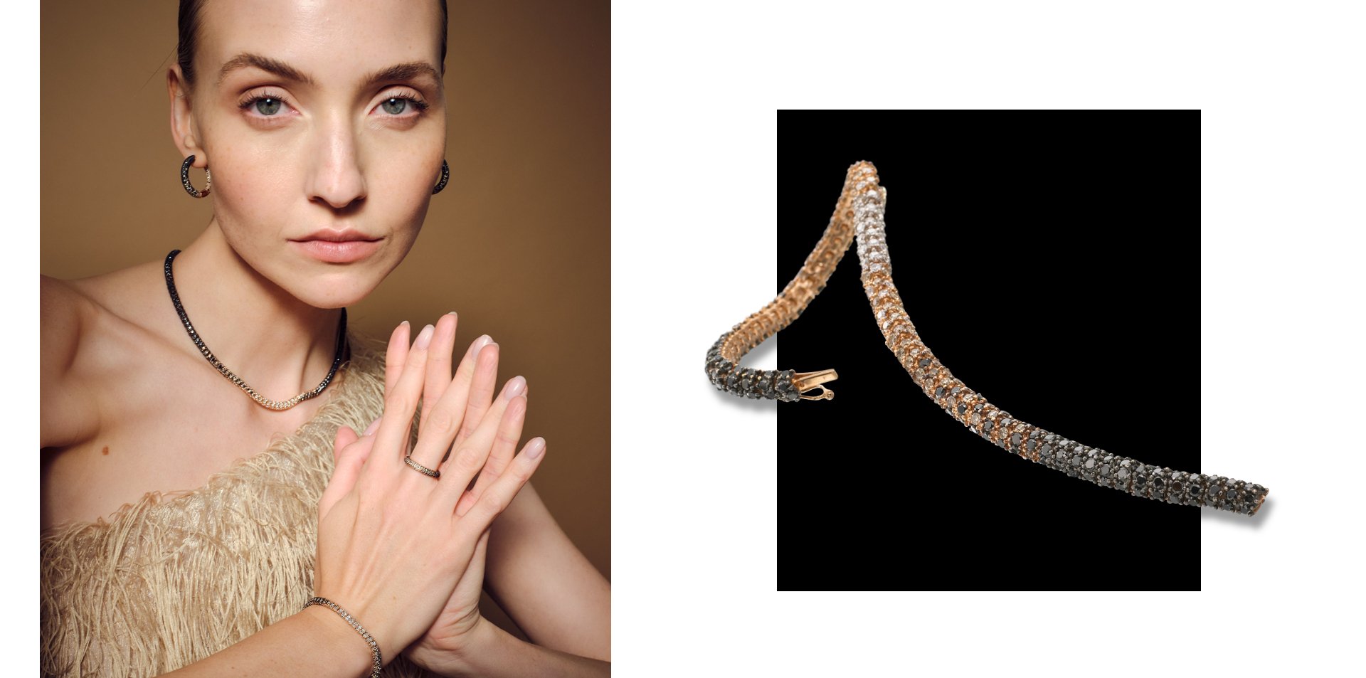 Frau trägt Schmuck aus der Radiant-Kollektion des Atelier Mühlbacher; daneben das passende Armband in Nahaufnahme.