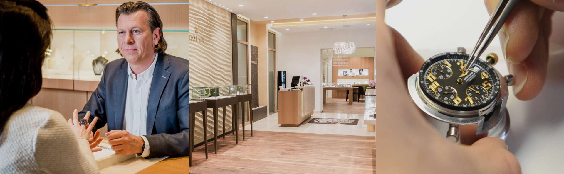 Links Markus Muehlbacher bei der Kundenberatung, mittig Blick in den Eingangsbereich von Juwelier Muehlbacher, rechts Uhrmacher beim Zeigereinbau