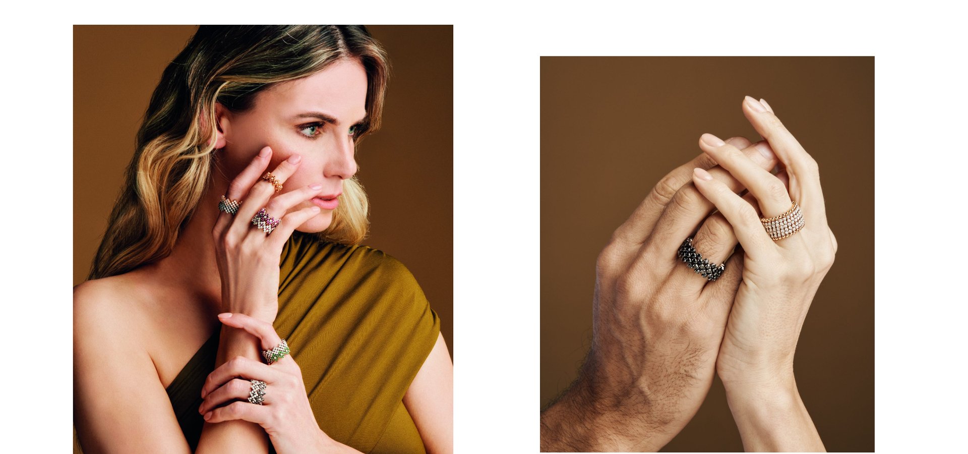 Links Model mit mehreren Serafino Consoli Diamantringen mit farbigen Diamanten, rechts zwei Hände mit Serafino Consoli Diamantringen in Roségold und schwarzen Diamanten