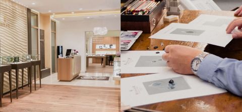 Links Blick in den Eingangsbereich von Juwelier Muehlbacher, rechts Designentwuerfe aus dem Muehlbacher Meisteratelier