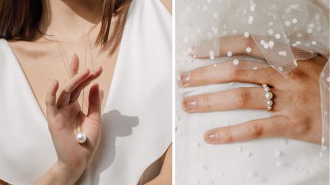 Feine Perlenkette und Ring mit weißen Perlen von Yana Nesper, getragen zur Hochzeit mit weißem Kleid und Tüll.