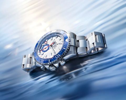 Rolex Yacht-Master II auf blauem Meereshintergrund liegend