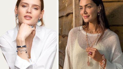 Zwei weibliche Models tragen verschiedene Schmuckstuecke von Tamara Comolli Zwei weibliche Models tragen verschiedene Schmuckstuecke von Tamara Comolli