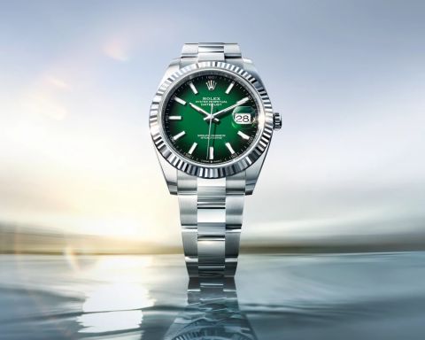 Rolex Datejust 41 mit gr&uuml;nem Zifferblatt und Oyster-Band aus Edelstahl vor reflektierender Wasseroberfl&auml;che