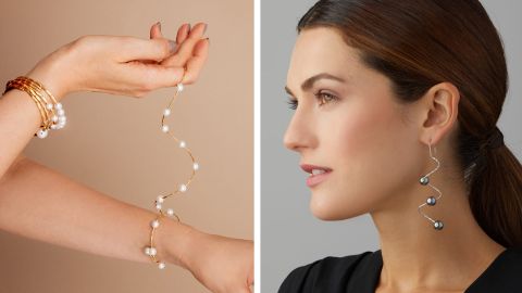 Goldene und silberne Schmuckstücke von Yana Nesper mit weißen und dunklen Perlen in Wickel- und Wellenform. Goldene und silberne Schmuckstücke von Yana Nesper mit weißen und dunklen Perlen in Wickel- und Wellenform.