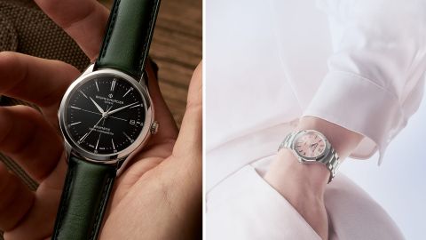 Baume & Mercier Baumatic Uhr mit grünem Lederband in der Hand gehalten und Riviera Damenuhr mit roséfarbenem Zifferblatt am Handgelenk.