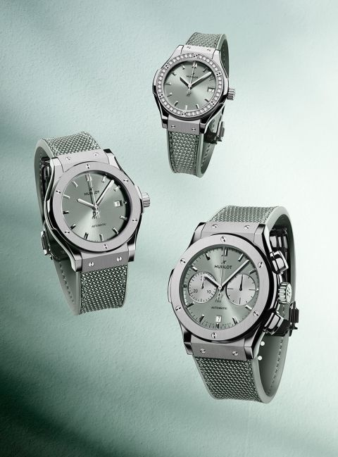 Drei Hublot Classic Fusion Uhren mit salbeifarbenem Zifferblatt, Edelstahlgeh&auml;use und Textilarmband, eine Variante mit Diamantl&uuml;nette