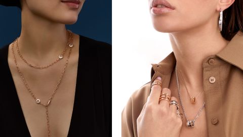 Links traegt ein weibliches Model eine Happy Diamonds Halskette in Rosegold, links traegt ein weibliches Model mehrere Ice Cube Ringe, mehrere Ice Cube Halsketten und Ice Cube Creolen Links traegt ein weibliches Model eine Happy Diamonds Halskette in Rosegold, links traegt ein weibliches Model mehrere Ice Cube Ringe, mehrere Ice Cube Halsketten und Ice Cube Creolen