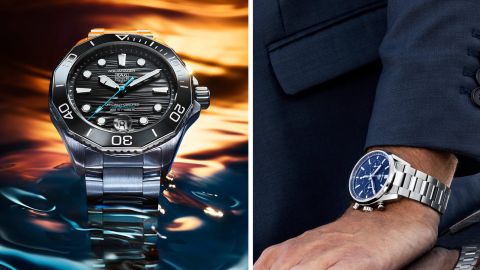 Links Aquaracer Uhr in Stahl mit schwarzem Zifferblatt im Wasser stehend, rechts Carrera Chronograph in Stahl mit blauem Zifferblatt an Herrenhandgelenk Links Aquaracer Uhr in Stahl mit schwarzem Zifferblatt im Wasser stehend, rechts Carrera Chronograph in Stahl mit blauem Zifferblatt an Herrenhandgelenk
