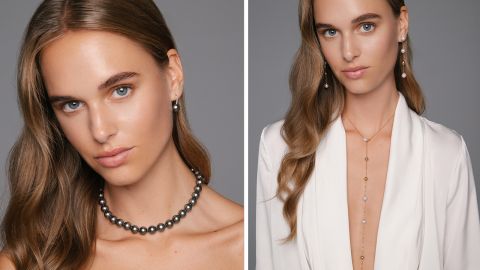 Zwei Models: eines mit dunkler Perlenkette und Perlenohrring, das andere mit langer Goldkette und langen Perlenohrringen aus der Transformers Kollektion von Yana Nesper.
