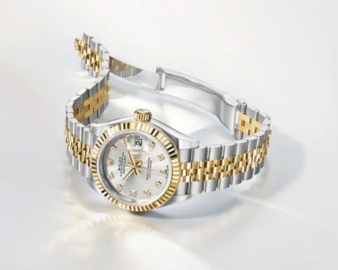 Rolex Lady Datejust in Stahl-Gold mit Perlmuttzifferblatt und geriffelter L&uuml;nette seitlich auf hellgrauem Hintergrund liegend