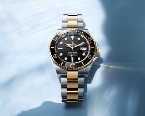 Rolex Submariner Date aus Edelstahl und Gelbgold mit schwarzem Zifferblatt vor Meereshintergrund mit Lichtreflexionen
