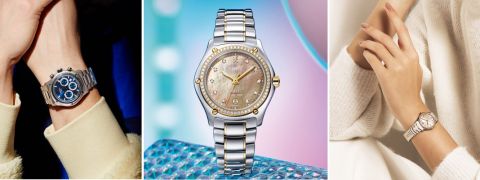 Bildcollage mit drei Ebel Uhrenmodellen, Ebel 1911 Herrenchronograph in Stahl, Ebel 1911 Damenuhr in Stahl und Gelbgold mit Diamanten, Ebel Sport Classic Damenuhr mit Diamanten Bildcollage mit drei Ebel Uhrenmodellen, Ebel 1911 Herrenchronograph in Stahl, Ebel 1911 Damenuhr in Stahl und Gelbgold mit Diamanten, Ebel Sport Classic Damenuhr mit Diamanten