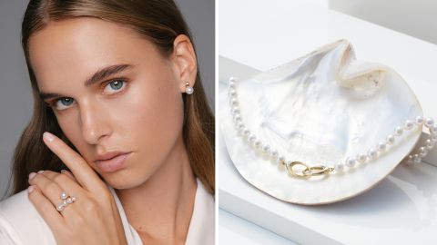 Zweiteiliges Motiv mit einem Model, das Perlenohrringe und einen Perlenring trägt, sowie einer Perlenkette auf einer großen Perlmuttmuschel aus der New Basics Kollektion von Yana Nesper. Zweiteiliges Motiv mit einem Model, das Perlenohrringe und einen Perlenring trägt, sowie einer Perlenkette auf einer großen Perlmuttmuschel aus der New Basics Kollektion von Yana Nesper.