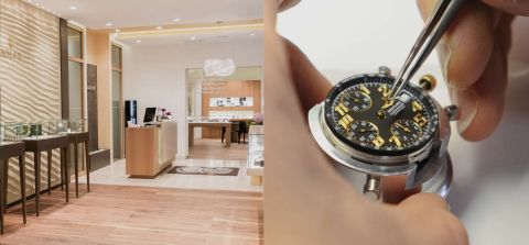 Links Blick in den Eingangsbereich von Juwelier Muehlbacher, rechts Uhrmacher beim Zeigereinbau