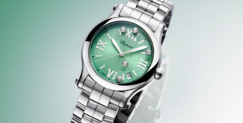 Chopard Happy Sport Damenuhr mit Gehaeuse und Armband in Stahl, mintgruenem Zifferblatt mit roemischen Ziffern und 5 tanzenden Diamanten vor gruenem Hintergrund Chopard Happy Sport Damenuhr mit Gehaeuse und Armband in Stahl, mintgruenem Zifferblatt mit roemischen Ziffern und 5 tanzenden Diamanten vor gruenem Hintergrund