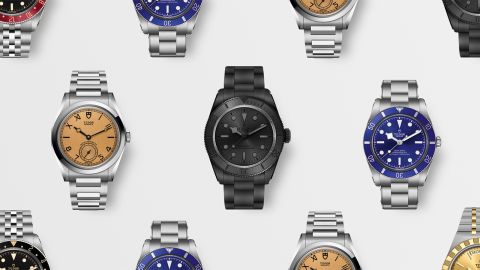 Tudor Armbanduhren Kollektion mit verschiedenen Modellen &ndash; darunter Taucheruhren und klassische Designs in Edelstahl, Schwarz und Blau, hochwertig inszeniert auf hellem Hintergrund